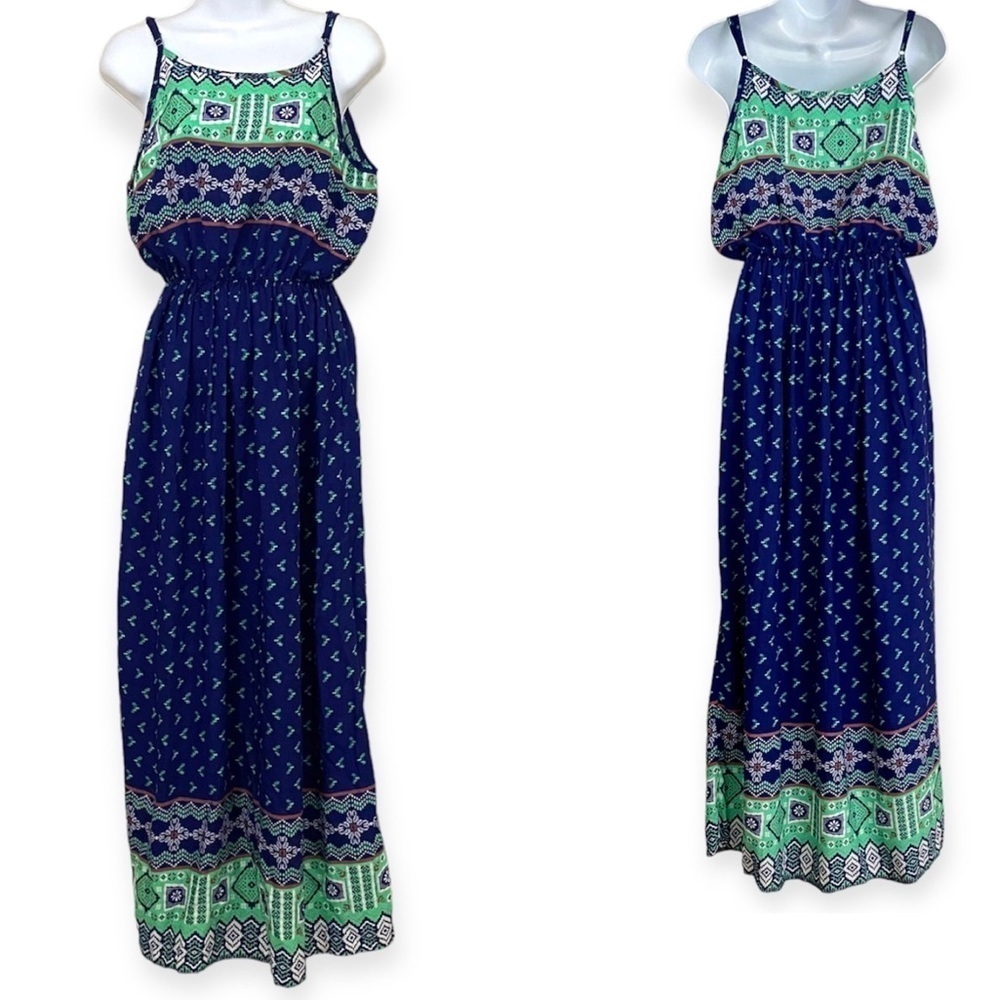 Blue Green Cotton Spaghetti Strap Midi Maxi Dress Size Medium Spring Lightweight